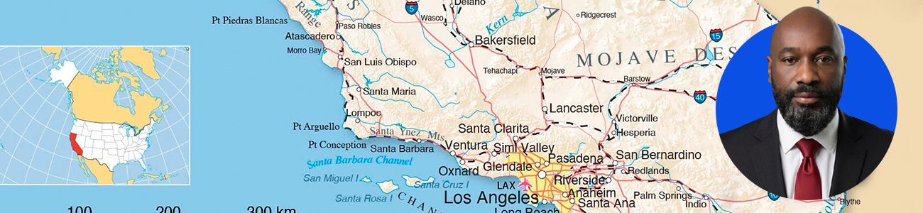 Ugo Asobie with a map of California in the background.